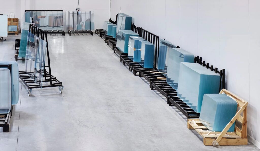 Sala de reuniones con pizarra de cristal y mobiliario moderno